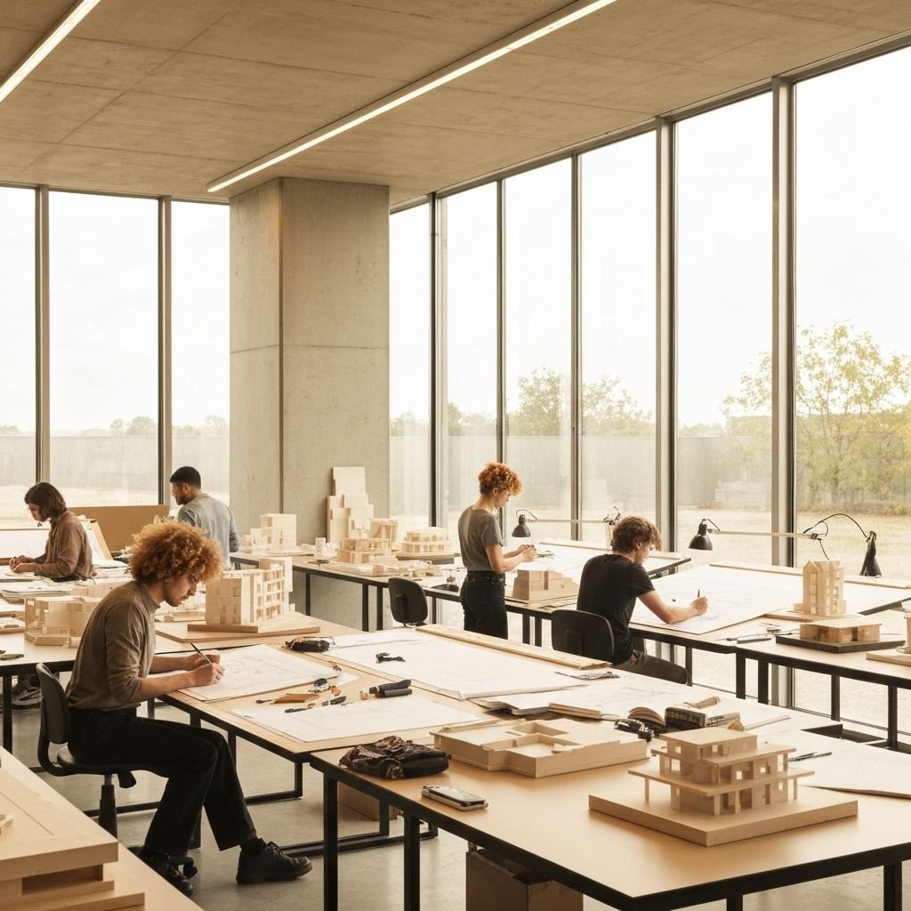 Studio arkitekture me studentë duke punuar në projekte